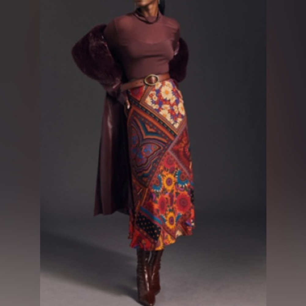 Farm Rio Mixed Prints Satin Slip Midi Skirt, Size S